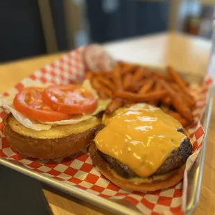 Classic burger with sweet potato fries.
