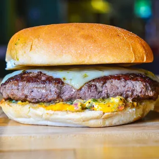 The Hot &amp; Hefe // Wagyu Beef, pepper jack cheese, fried avocado, grilled habanero and serrano chilis, pico de gallo, Sriracha aioli