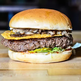 The Freatom Fighter 'Burger of the Month' // Angus beef, house ketchup, pickle, lettuce, shiitake mushrooms, Parmesan frico