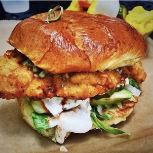 The Fricken' Good Fried Chicken -- Fried Chicken, Avocado, Shredded Lettuce, Dill Pickles, Buttermilk Herb Ranch