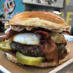 The Brunch Burger -- Angus Beef, Pimento Cheese, Applewood-Smoked Bacon, Pickles, Apple Butter, Fried Egg