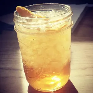 The Young Fashioned -- A kegged cocktail crafted with acon-fat-washed bourbon, maple syrup and house bbq bitters