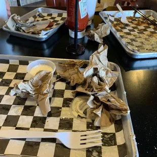 Our empty plates!  Ordered Club Sandwich, Austin Shroom Burger and Chili Dog with cheese fries.