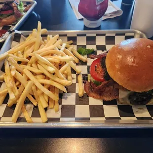 Jalapeno burger and side of fries.
