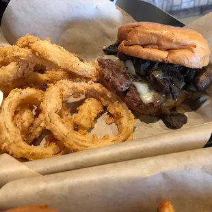 Austin Shrooms w/ a side of onion rings!  Burger-$7.50 onion rings- $4.50