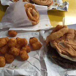 Double cheeseburger, tots and rings.