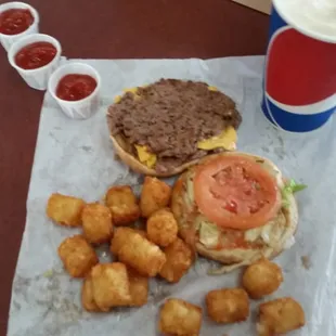 Jr double big burger, tots and butterscotch shake.