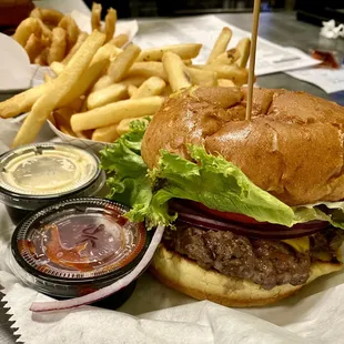 Bison burger and Dipping Fries with Sriracha Ketchup and Honey Mustard