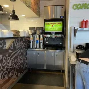 Self serve drinks featuring Pepsi products.