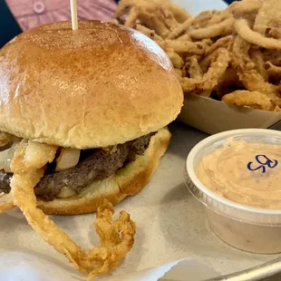My bride's "Almost Build Your Own Burger" with onions, onions and onions and a side of onions.