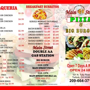 a menu for a pizza and burger restaurant