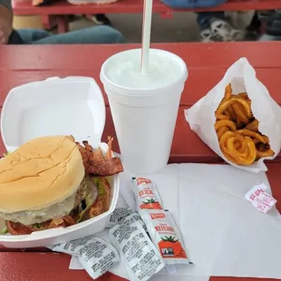 Size small burger, small curly fries and cotton candy shake