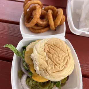 Guacamole Burger &amp; onion rings