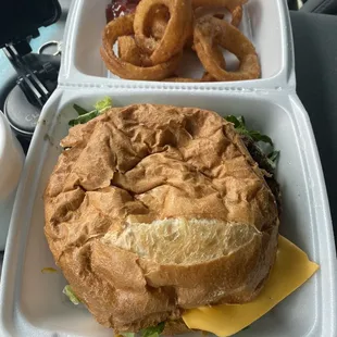 Big burger, 1/2 pound and onion rings.