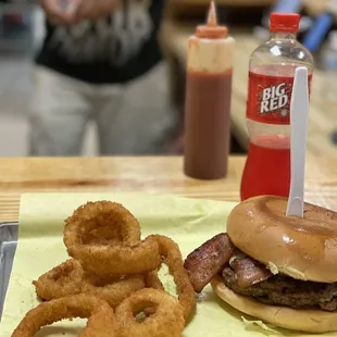 The signature burger with a pork patty and a hamburger patty