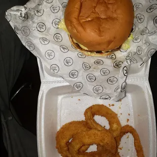 Mushroom Swiss Burger and Onion rings. I had to eat a few imrings before the picture.  Lol