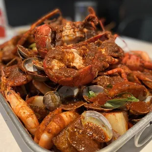 a pan full of seafood