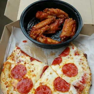 My lunch special pizza and honey bbq wings.