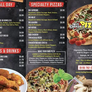 a pizza and chicken wings menu