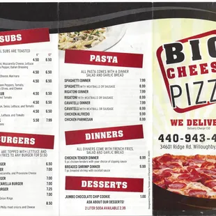 a menu for a big cheese pizza