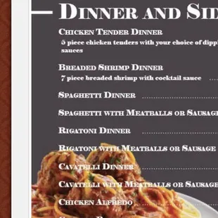 a menu for dinner and sides