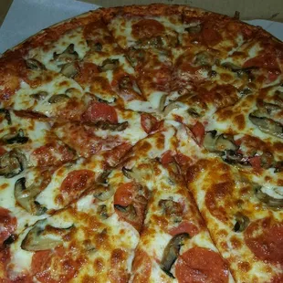 Pepperoni, mushrooms and extra cheese. Large. Delicious