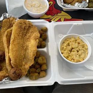 Catfish dinner with fried okra and Mac and cheese and hush puppies.