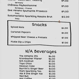 Menu - Wine, Snacks and N/A Beverages