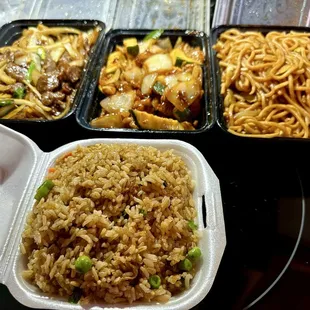 Mongolian beef, king pao chicken, chicken chow mein and fried rice