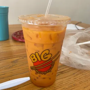 Thai tea...supposed to have boba but has jelly and a skinny straw that you can't drink it through without it clogging.