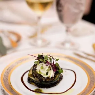 Garden Napoleon - Eggplant + Zucchini with Goat Cheese and Chef's Choice Garnish