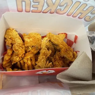 Spicy 4 piece tenders and super crispy seasoned waffle fries