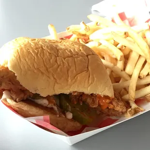 Big City Chicken&apos;s Hot &amp; Spicy Chicken Sandwich combo with shoestring fries.