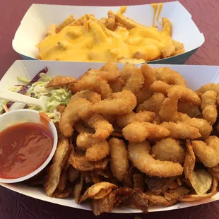 Ok Cheese fries and excellent homemade chips, with yummy crispy shrimp  and cold slaw.