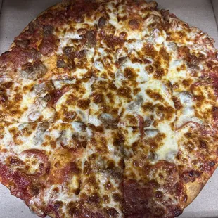 Thin crust pepperoni and Italian sausage