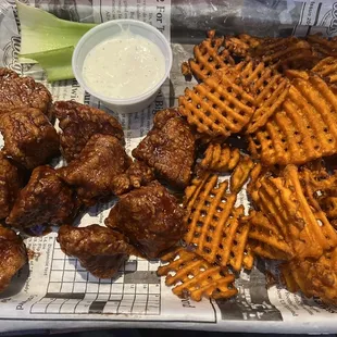 Chipotle bbq boneless wings and sweet potato fries