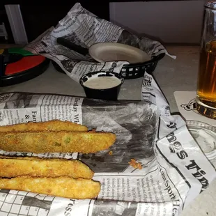 Fried pickle spears and happy hour modelo