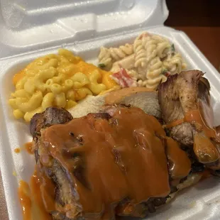 Rib Dinner with Mac &amp; Cheese and Crab Salad.