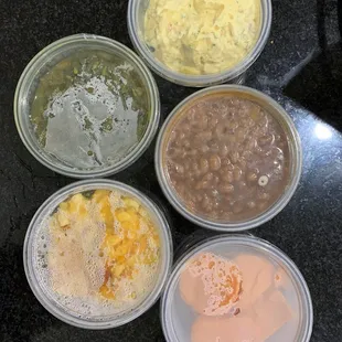 Potato salad, green beans, baked beans, Mac and cheese and yams.