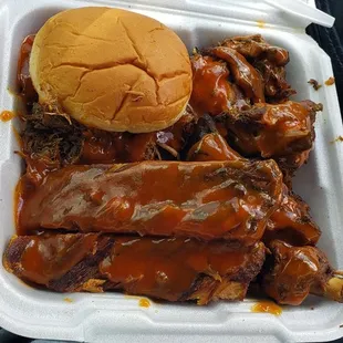 Sampler plate- chopped beef sandwich, ribs and chicken