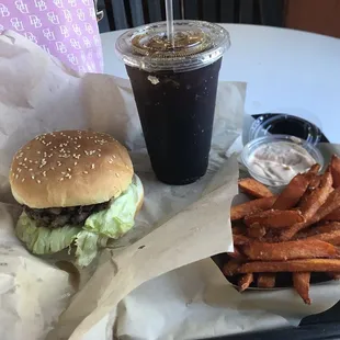 Hawaiian Burger, Sweet Potato Fries w side of thousand island dressing