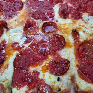Pepperoni, Detroit style. Best ratio of cheese, sauce, and dough with perfectly crisp edges