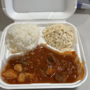 Beef Stew Plate Lunch with Rice and Spaghetti Salad