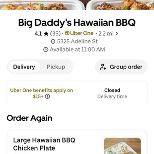 Order confirmation and picture from Big Daddy Hawaiian BBQ