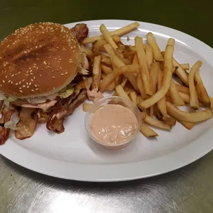 Is a double bacon cheese burger with fries and the soda 12 oz.