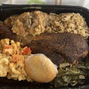 a meal in a styrofoam container