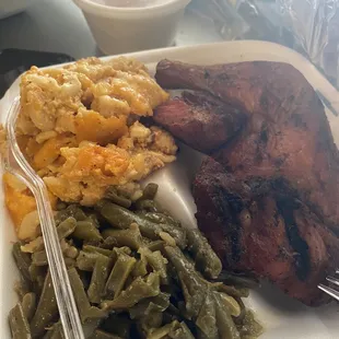 BBQ chicken, green beans, Mac n cheese