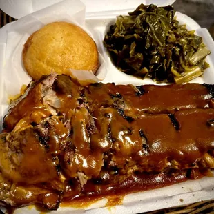 Mild barbecue spareribs with collard greens and cornbread muffin.