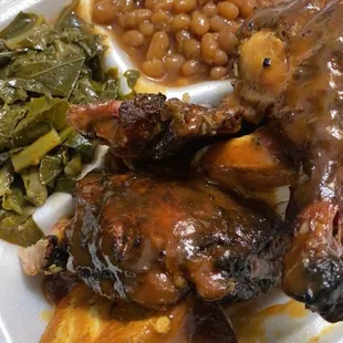 BBQ chicken (Honey sauce), Collard Greens, Baked Beans