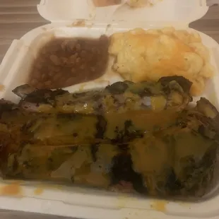 Rib dinner with Mac and baked beans